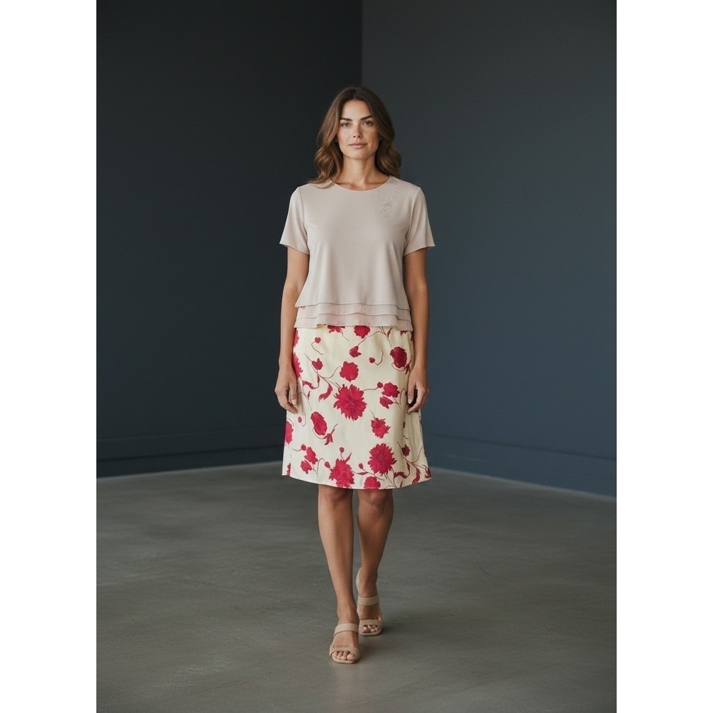 Omega Vintage 2 Piece Set Womens 2X Cream Red Floral Top and Midi Skirt USA